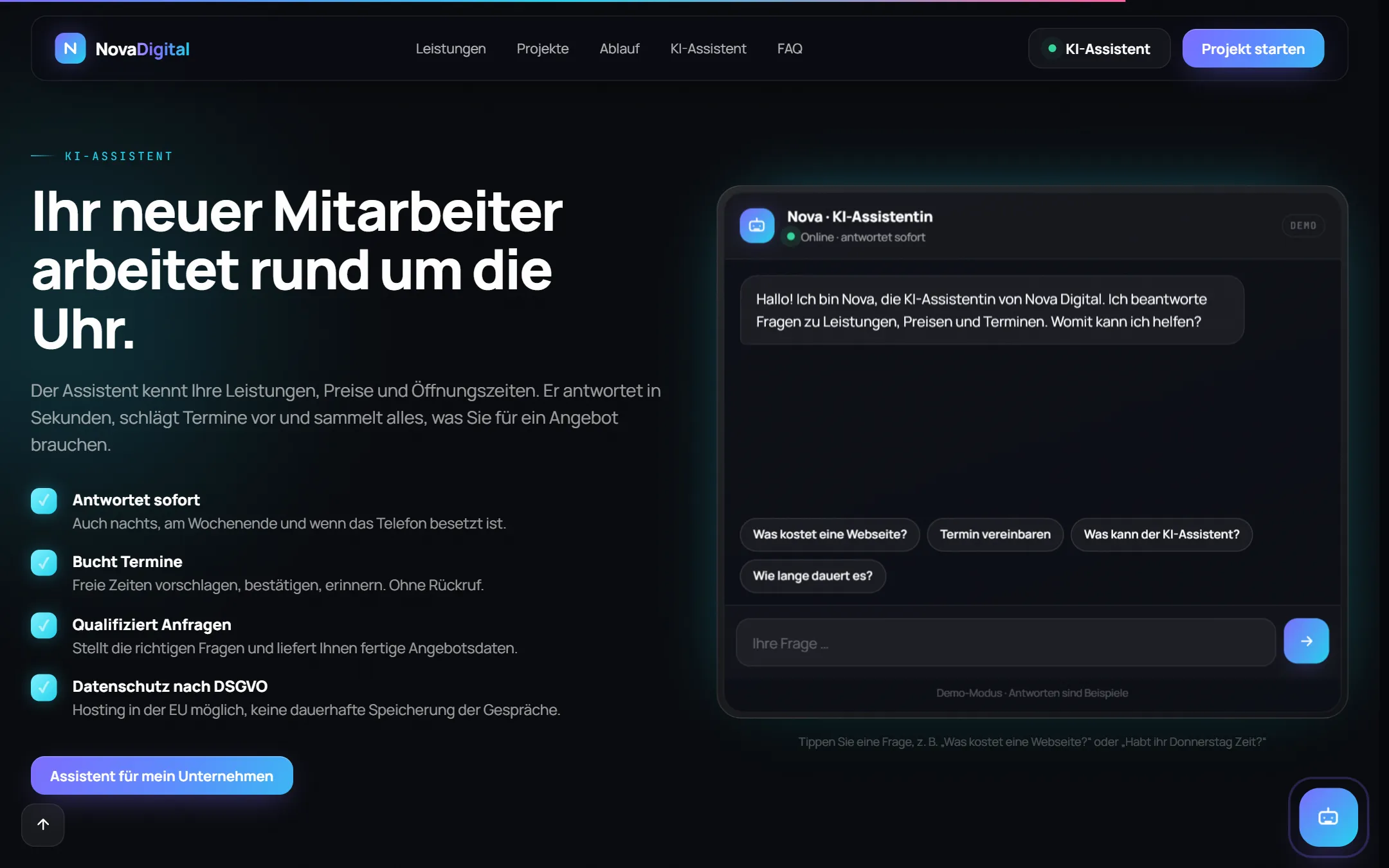 Demo-Webseite Nova Digital mit eingebautem KI-Assistenten am Computer